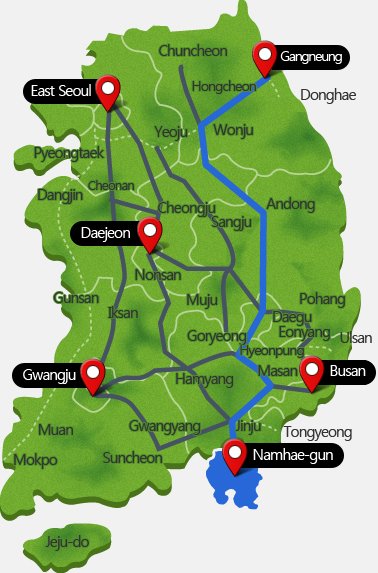From Gangneung and Daegu(50,55,451,45,10) : Yeongdong Expressway - Jungang Expressway - Guma Expressway - Jungbu Expresswa - Naeryuk Expressway - Namhae Expressway - Namhae